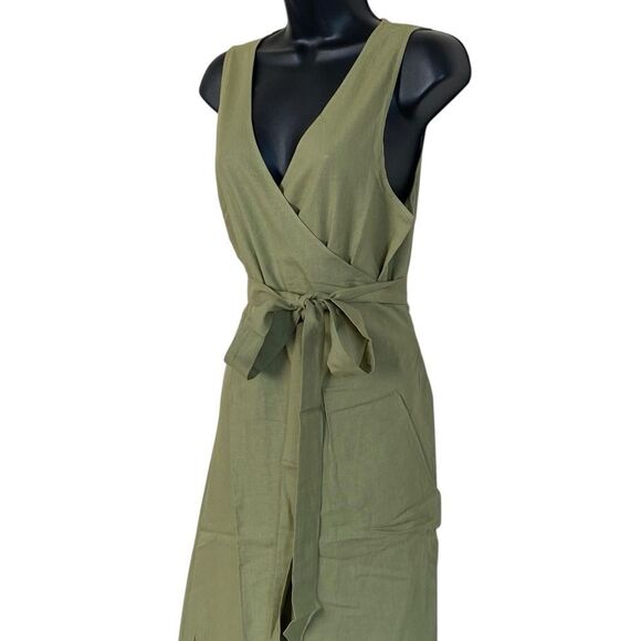 Andie Armona Ivy Green Sleeveless Wrap Linen Rayon Maxi Dress Sz M NWT - Picture 4 of 12